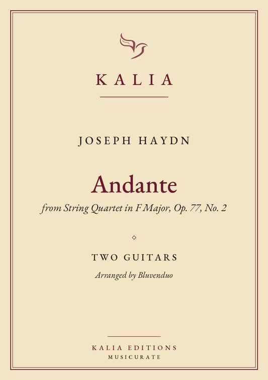 Andante from String Quartet in F Major Op. 77 No. 2, Haydn, arranged for two guitars by Bluvenduo, Kalia Editions cover