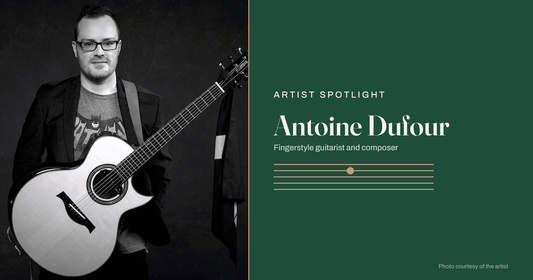 Antoine Dufour, fingerstyle guitarist and composer, with his acoustic guitar (black-and-white portrait)