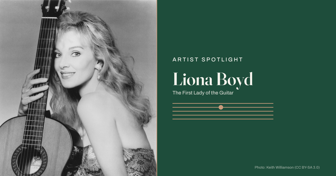 Liona Boyd, the First Lady of the Guitar, with her guitar (black-and-white portrait)