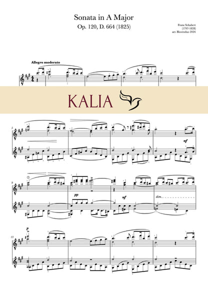 Sonata in A Major, Op. 120, D. 664 (Schubert), arr. Bluvenduo (Kalia Editions) — sheet music excerpt