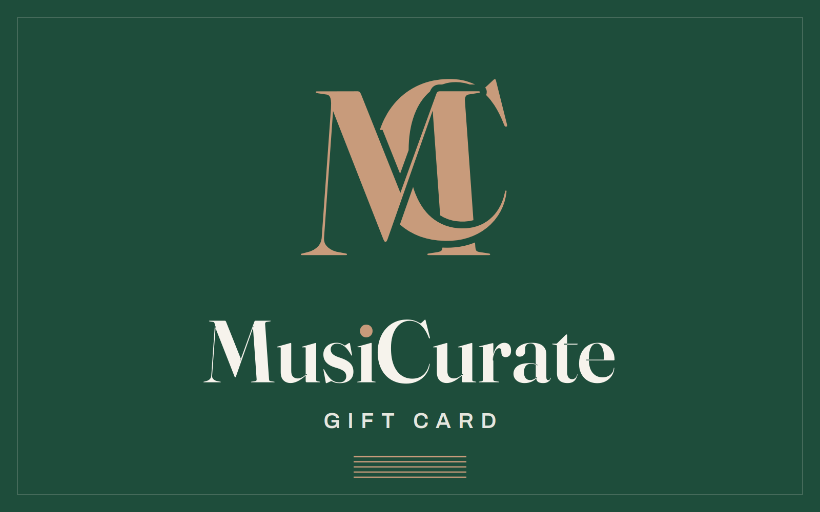 MusiCurate gift card on edition green with bronze MC monogram